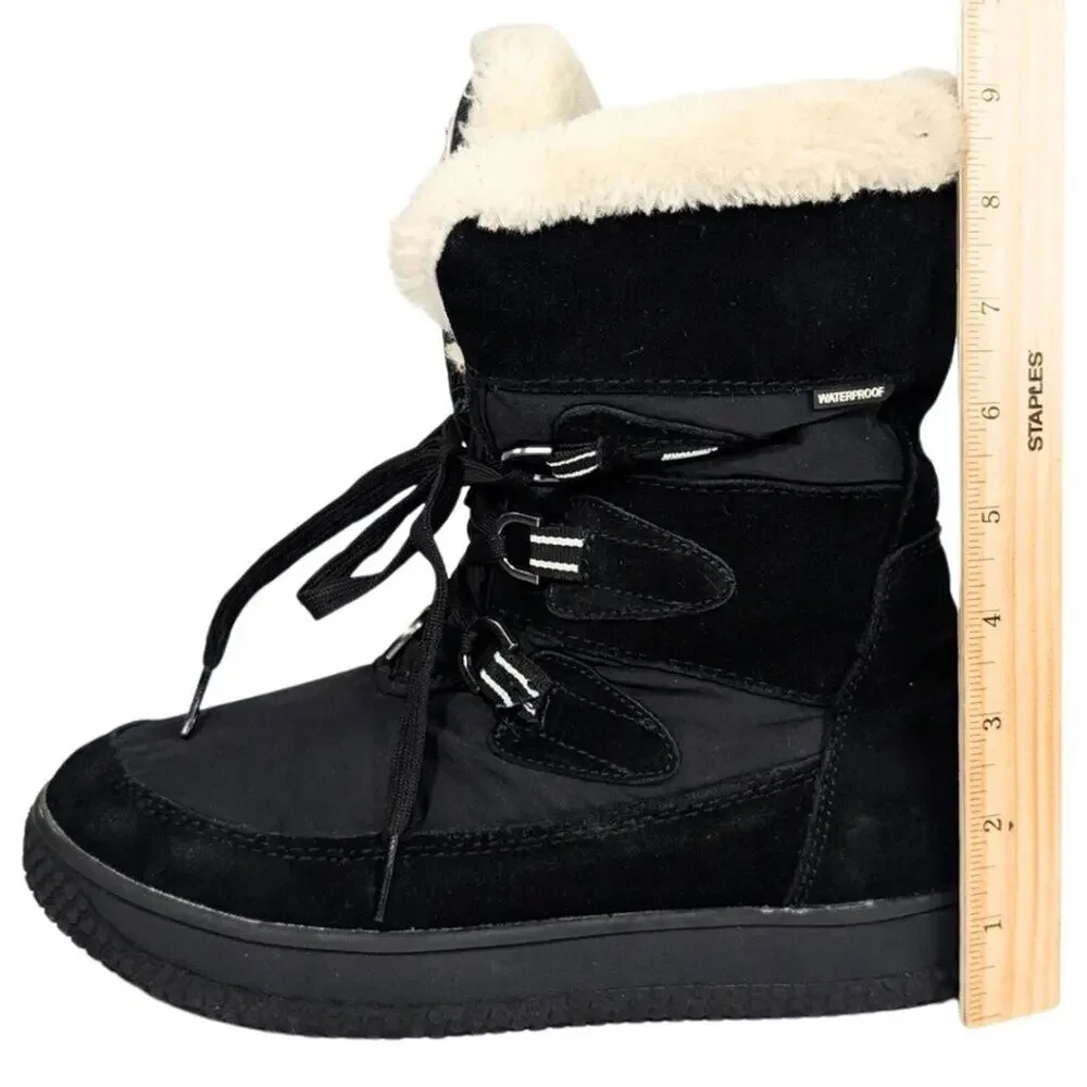 Khombu 8.5 Florence Black Leather Nylon Faux Fur Lined Winter Snow Boots